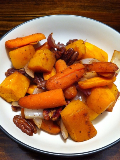 Finished roasted vegetables, butternut squash, carrots, onions, pecans